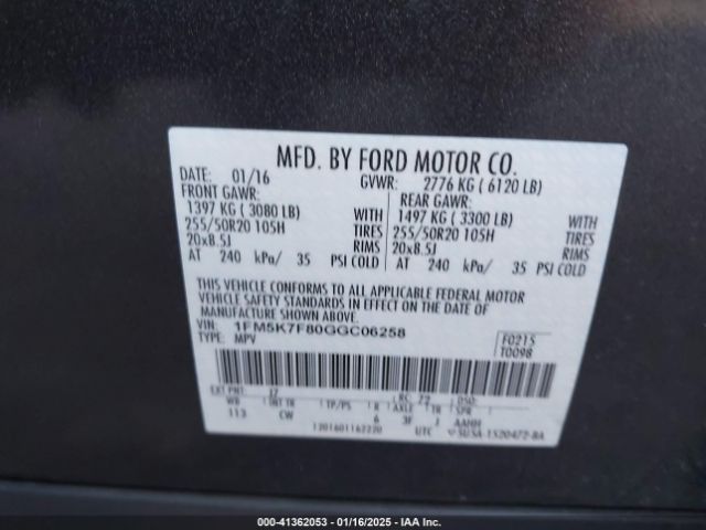 1FM5K7F80GGC06258 Ford Explorer Limited