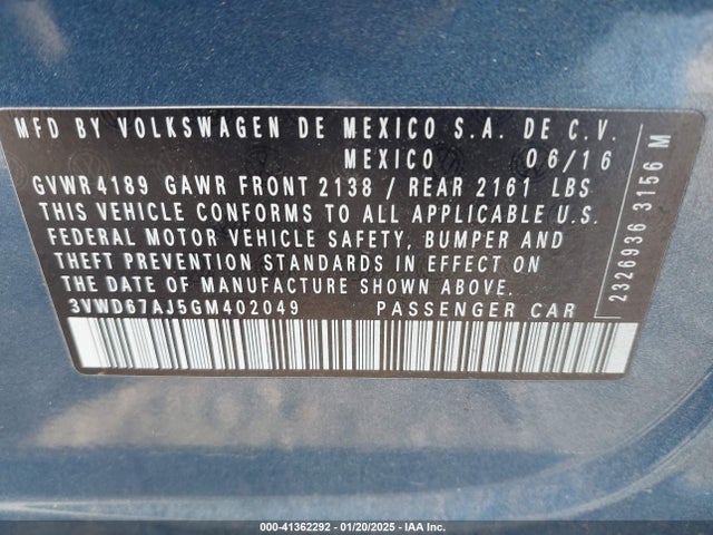 Aukcja sprzedaży 2016 Volkswagen Jetta 1.4t Se, vin: 3VWD67AJ5GM402049, numer aukcji: 41362292