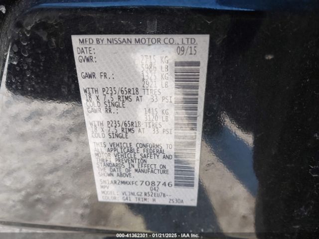 5N1AR2MMXFC708746 Nissan Pathfinder Sl