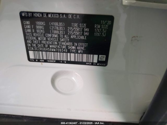 3CZRU6H58MM709349 Honda Hr-v Awd Ex