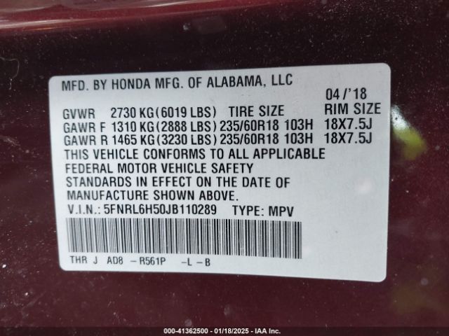 5FNRL6H50JB110289 Honda ODYSSEY EX