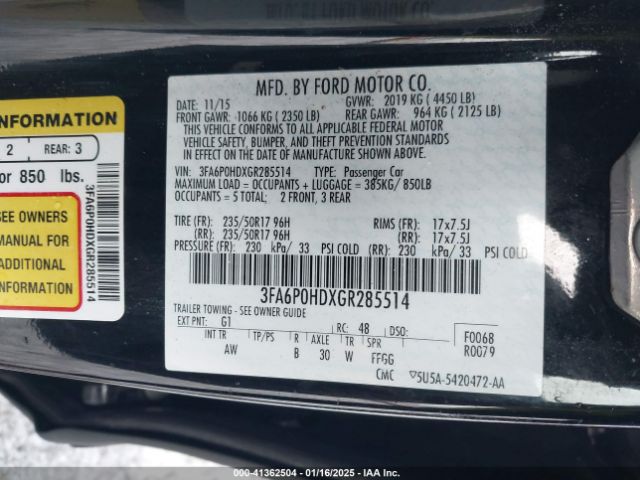 3FA6P0HDXGR285514 Ford FUSION SE
