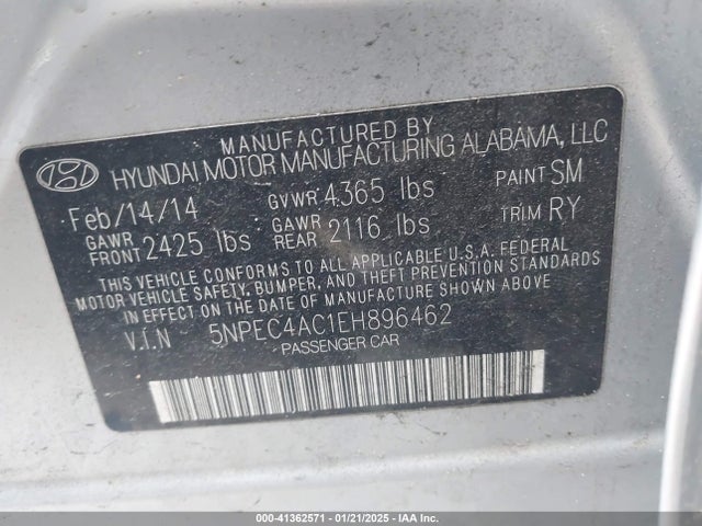 Hyundai Sonata Limited 2014 5NPEC4AC1EH896462 Image 9