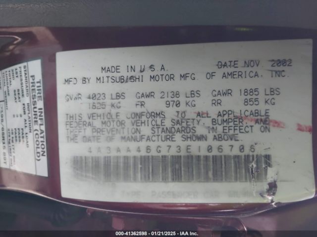 2003 MITSUBISHI GALANT 4A3AA46G73E106706 Photo 8