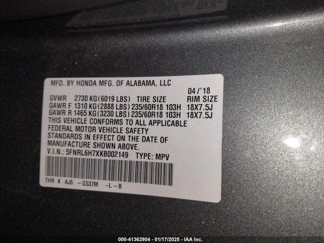 5FNRL6H7XKB002149 Honda Odyssey Ex-l