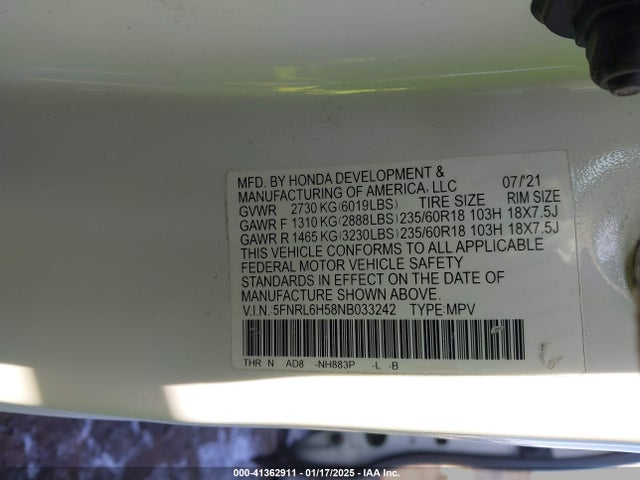 Honda ODYSSEY EX 2022 5FNRL6H58NB033242 Image 9