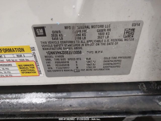 1GNKVHKD3EJ313058 Chevrolet Traverse 2lt