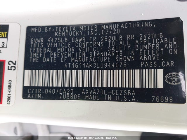 Toyota CAMRY SE 2020 4T1G11AK3LU944076 Image 9