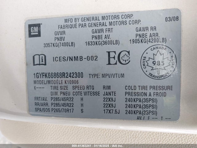 2008 CADILLAC ESCALADE ESV 1GYFK66868R242300 Photo 8