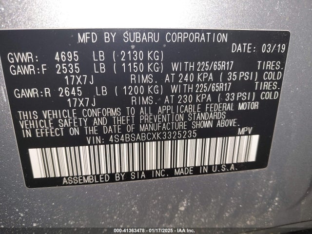 4S4BSABCXK3325235 Subaru Outback 2.5i