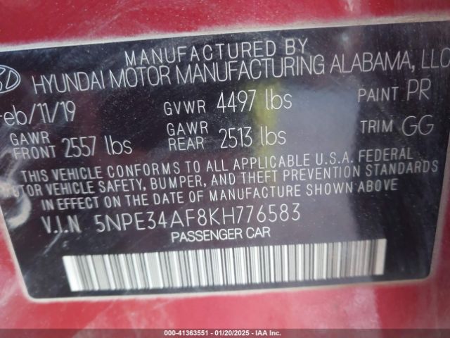 5NPE34AF8KH776583 Hyundai SONATA SEL