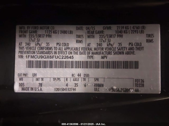 Ford ESCAPE SE 2015 1FMCU9GX6FUC22645 Image 9