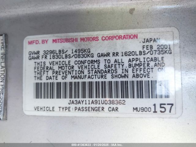 2001 MITSUBISHI MIRAGE JA3AY11A91U038362 Photo 8
