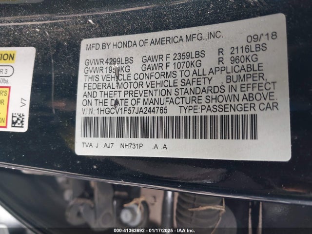 Honda Accord Ex-l 2018 1HGCV1F57JA244765 Image 9