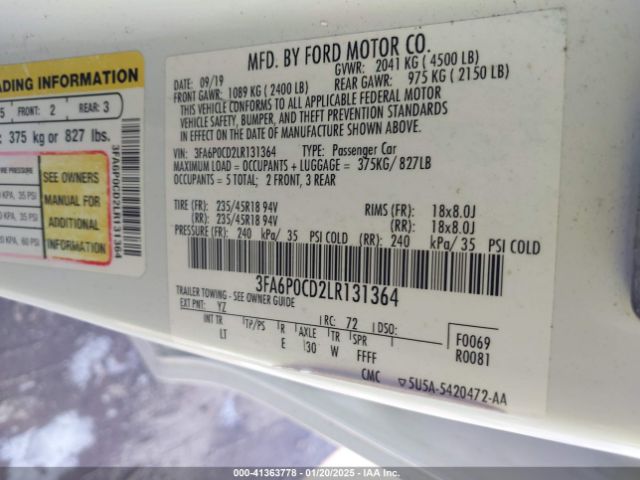 3FA6P0CD2LR131364 Ford FUSION SEL