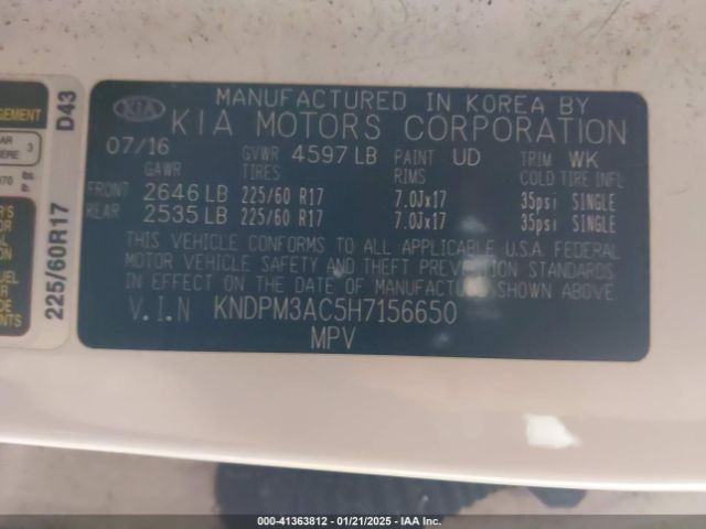 KNDPM3AC5H7156650 KIA Sportage Lx