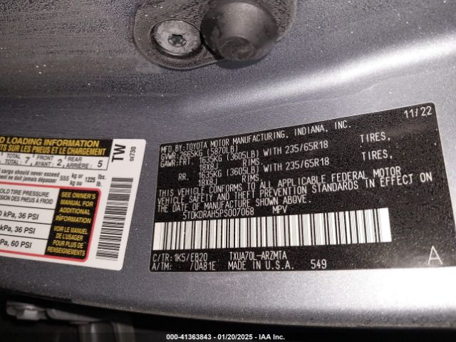 5TDKDRAH5PS007068 Toyota Highlander Xle