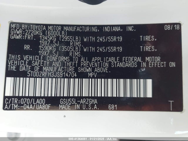 Toyota Highlander Limited Platinum 2018 5TDDZRFH3JS914704 Image 9