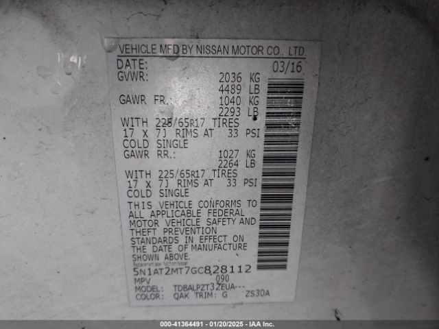 5N1AT2MT7GC828112 Nissan Rogue S/sl/sv