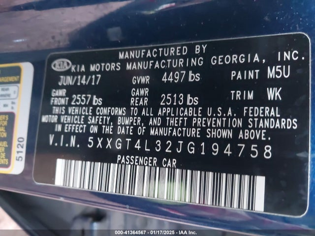 5XXGT4L32JG194758 KIA Optima Lx