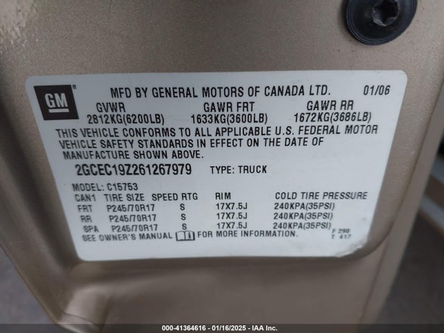 41364616 :رقم المزاد ، 2GCEC19Z261267979 vin ، 2006 Chevrolet Silverado 1500 Lt1 مزاد بيع