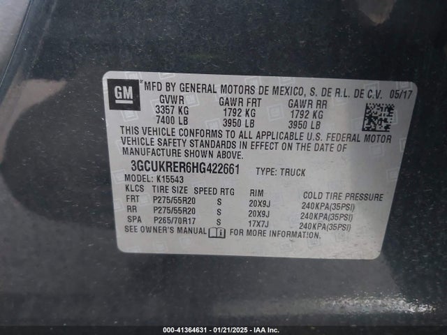 3GCUKRER6HG422661 Chevrolet Silverado 1500 1lt