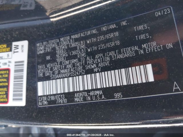 5TDAARAH0PS524752 Toyota Highlander Hybrid Xle Bronze