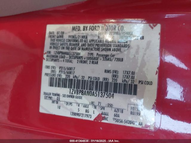 2010 FORD MUSTANG 1ZVBP8AN0A5137504 Photo 8