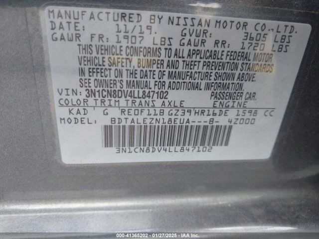 3N1CN8DV4LL847102 Nissan Versa S Xtronic Cvt