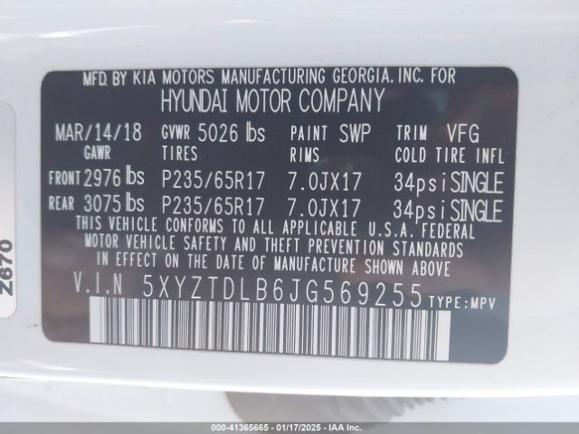 5XYZTDLB6JG569255 Hyundai Santa Fe Sport 2.4l