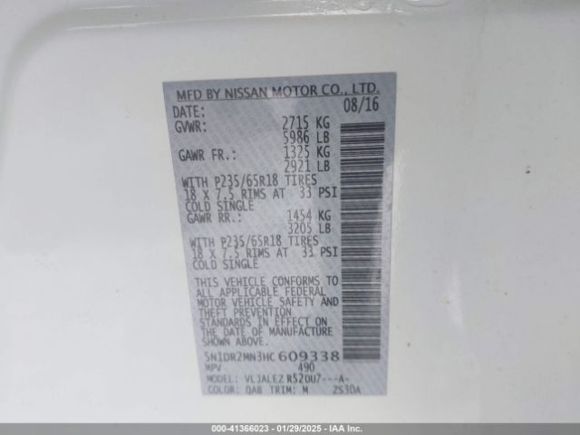 5N1DR2MN3HC609338 Nissan Pathfinder Sv