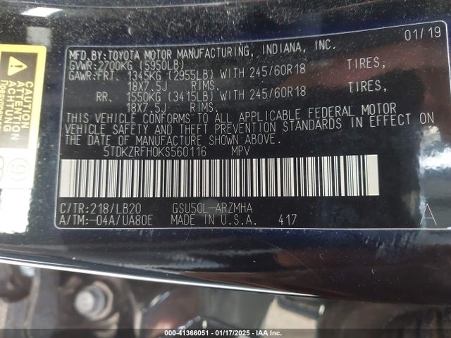 5TDKZRFH0KS560116 Toyota Highlander Xle