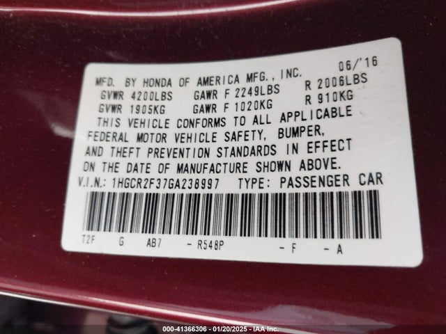 Honda ACCORD LX 2016 1HGCR2F37GA238997 Image 9