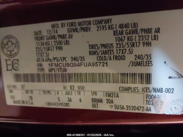Ford ESCAPE SE 2015 1FMCU9G94FUA95721 Image 9