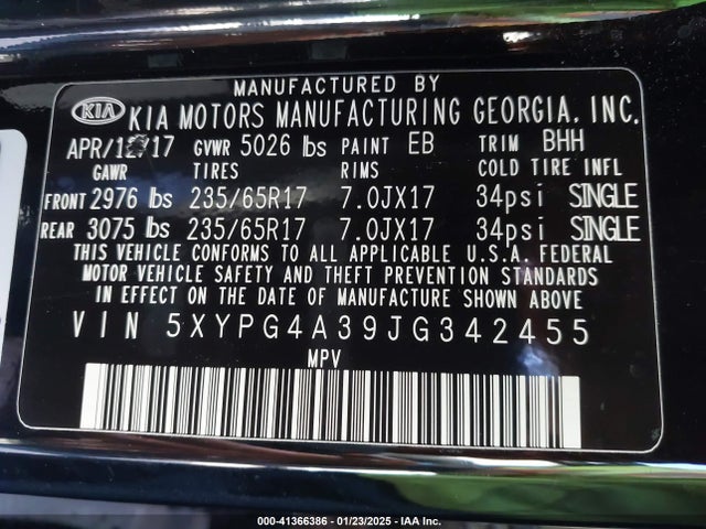 5XYPG4A39JG342455 KIA Sorento 2.4l Lx