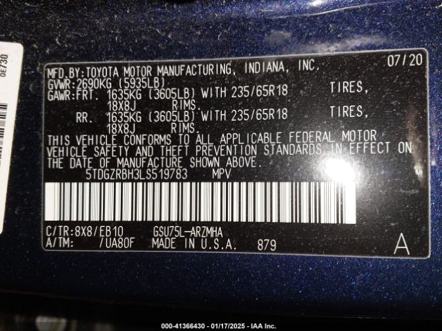 5TDGZRBH3LS519783 Toyota Highlander Xle