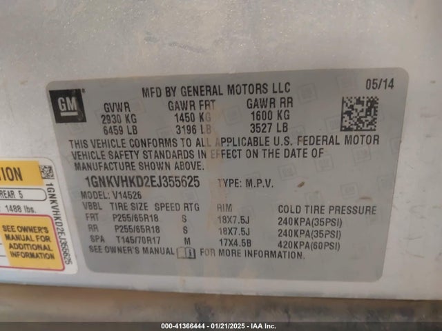 1GNKVHKD2EJ355625 Chevrolet Traverse 2lt