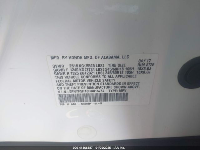 5FNYF5H16HB015787 Honda PILOT LX