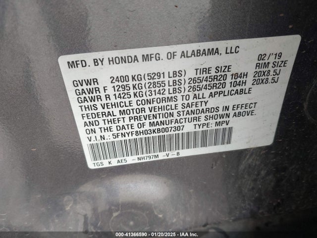 Honda Passport Elite 2019 5FNYF8H03KB007307 Image 9