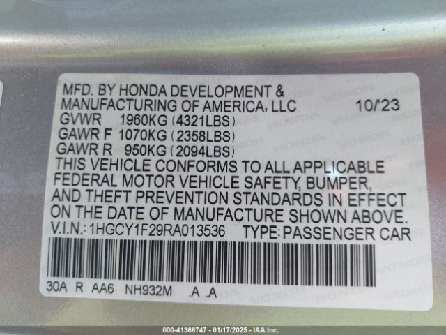 1HGCY1F29RA013536 Honda ACCORD LX