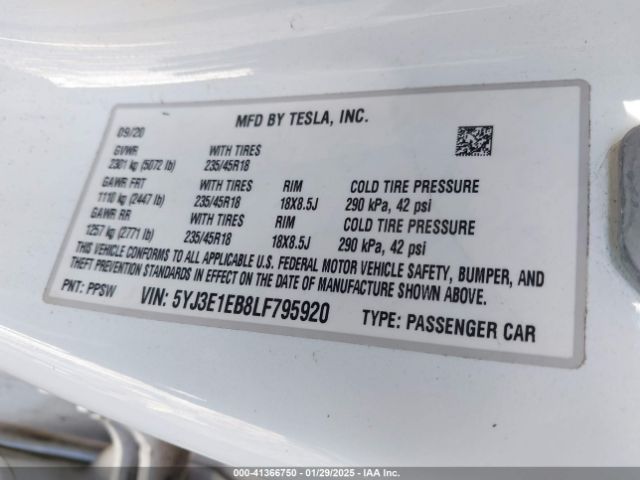 5YJ3E1EB8LF795920 Tesla Model 3 Long Range Dual Motor All-wheel Drive