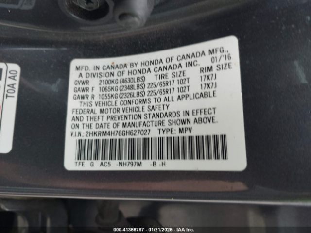 2HKRM4H76GH627027 Honda Cr-v Ex-l