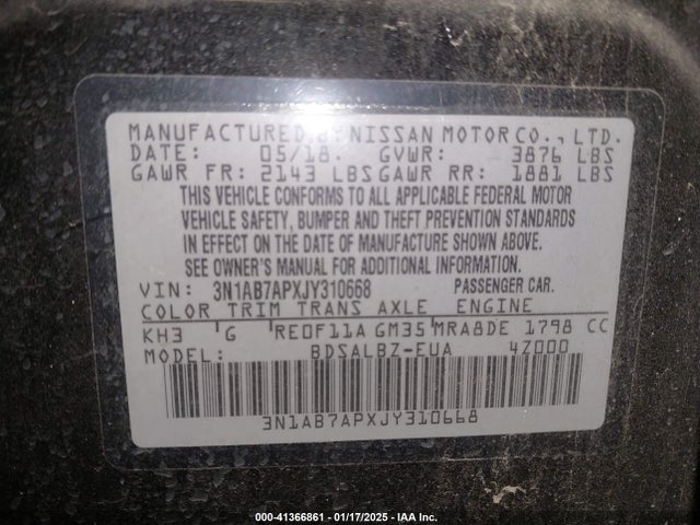 3N1AB7APXJY310668 Nissan SENTRA S