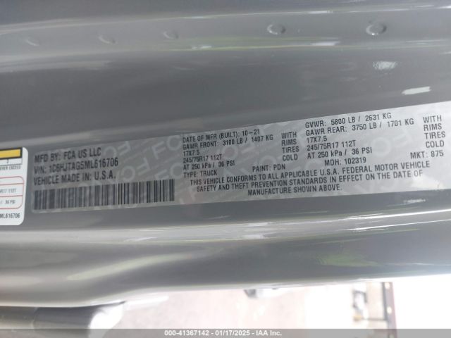 1C6HJTAG5ML616706 Jeep Gladiator Sport S 4x4