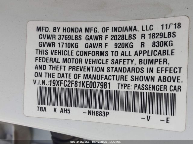 19XFC2F81KE007981 Honda Civic Sport