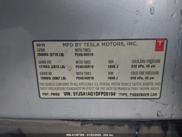 2013 TESLA MODEL S 5YJSA1AG1DFP09194 Photo 8