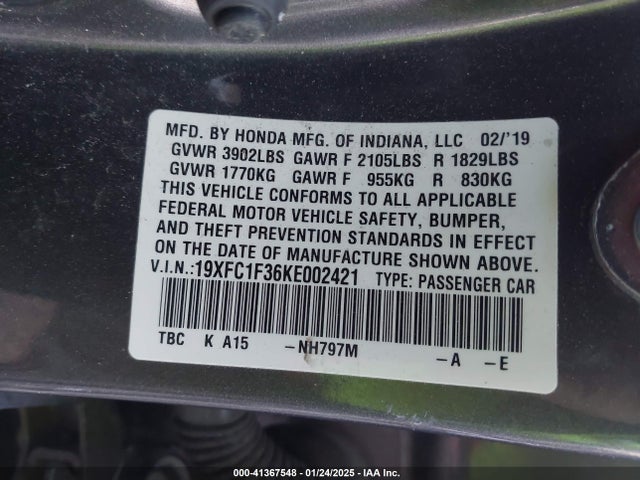 Honda CIVIC EX 2019 19XFC1F36KE002421 Image 9