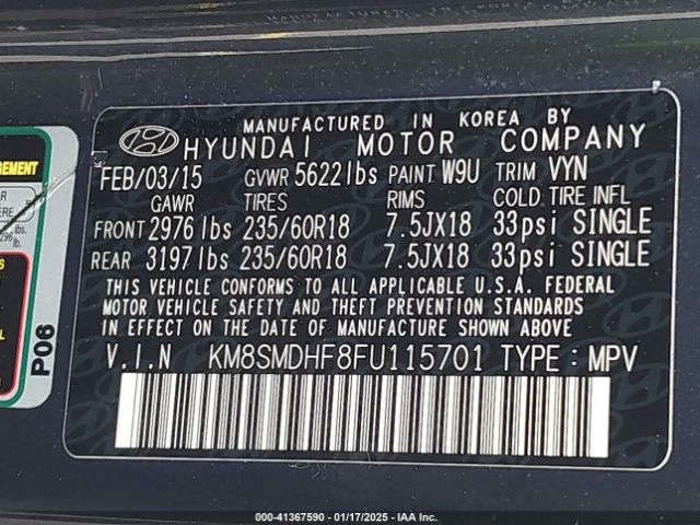 KM8SMDHF8FU115701 Hyundai Santa Fe Gls