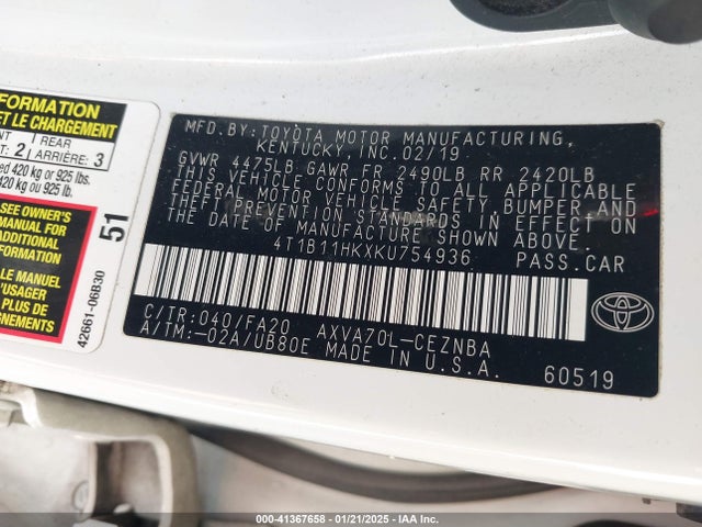 4T1B11HKXKU754936 Toyota CAMRY LE