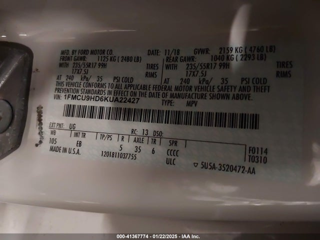 1FMCU9HD6KUA22427 Ford ESCAPE SEL